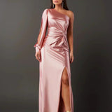 Araceli – Rochie Satinată Asimetrică cu Nod și Umăr Descoperit