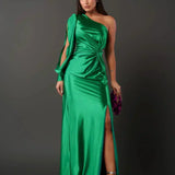 Araceli – Rochie Satinată Asimetrică cu Nod și Umăr Descoperit