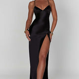 Amara – Rochie de Damă Maxi Satin Elegantă cu Fisură