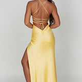 Meliva – Rochie Maxi de Damă cu Decolteu Înalt Satinată