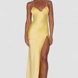 Meliva – Rochie Maxi de Damă cu Decolteu Înalt Satinată