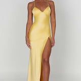 Meliva – Rochie Maxi de Damă cu Decolteu Înalt Satinată