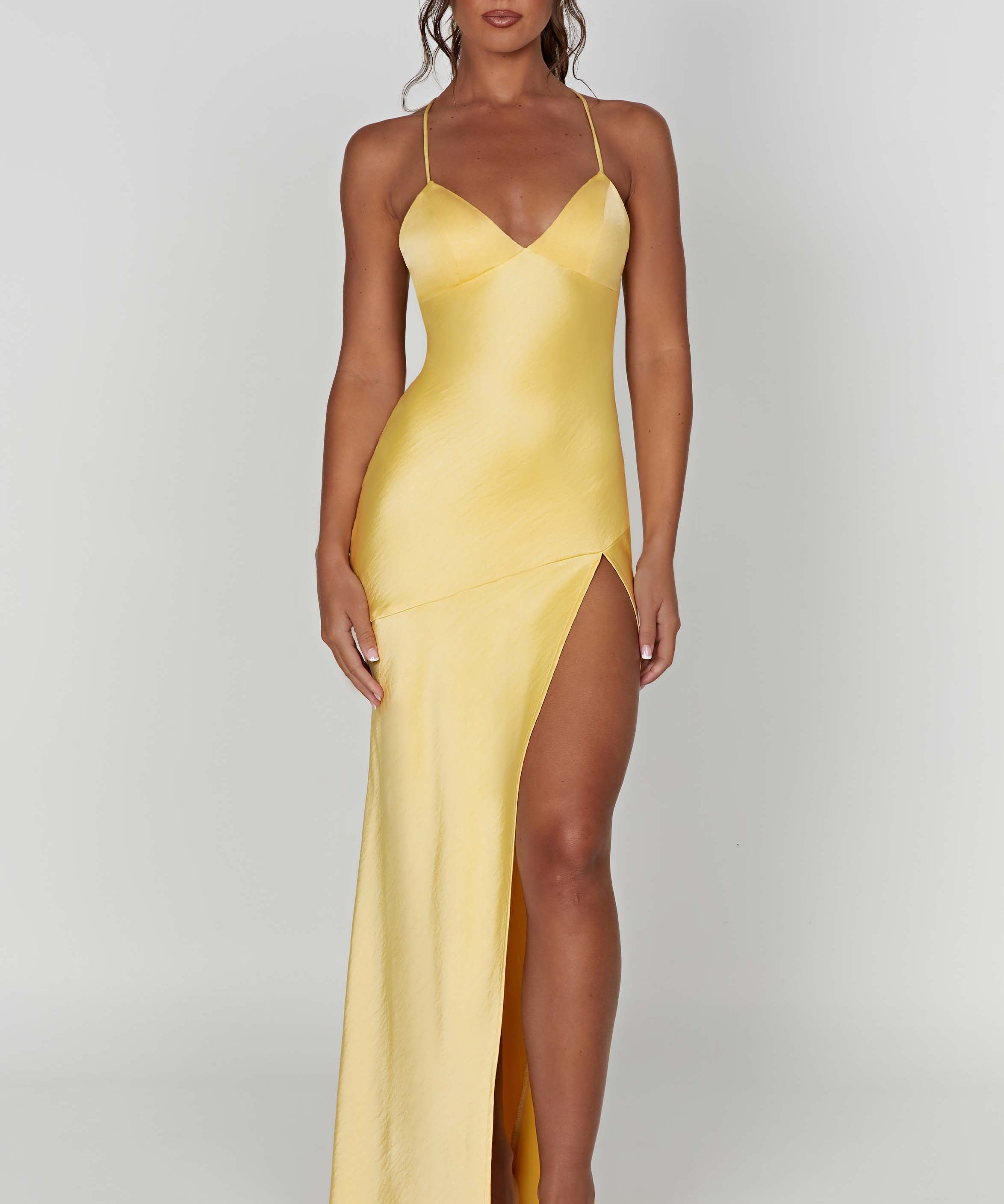 Meliva – Rochie Maxi de Damă cu Decolteu Înalt Satinată