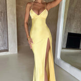 Meliva – Rochie Maxi de Damă cu Decolteu Înalt Satinată