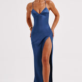 Meliva – Rochie Maxi de Damă cu Decolteu Înalt Satinată