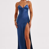 Amara – Rochie de Damă Maxi Satin Elegantă cu Fisură