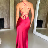 Meliva – Rochie Maxi de Damă cu Decolteu Înalt Satinată