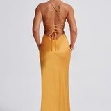 Amara – Rochie de Damă Maxi Satin Elegantă cu Fisură