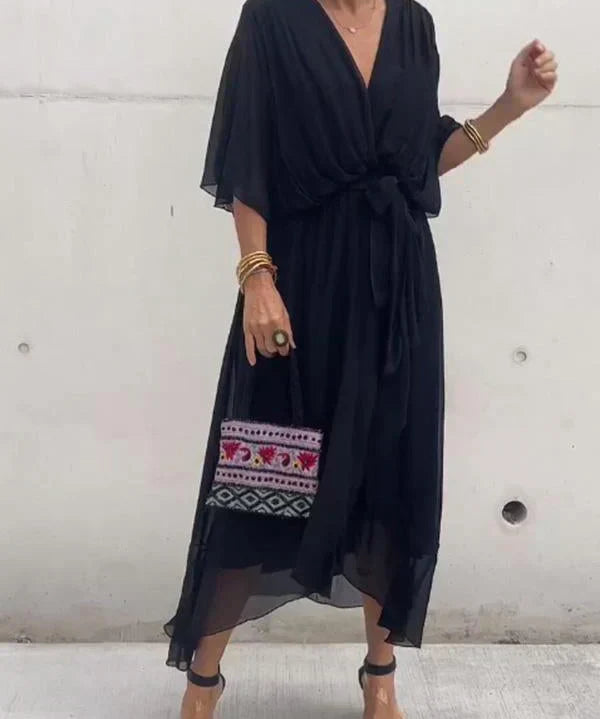 Aurora – Rochie Midi Damă din Chiffon, Stil Înfașurat, Vară