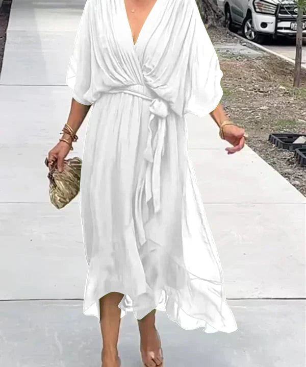 Aurora – Rochie Midi Damă din Chiffon, Stil Înfașurat, Vară