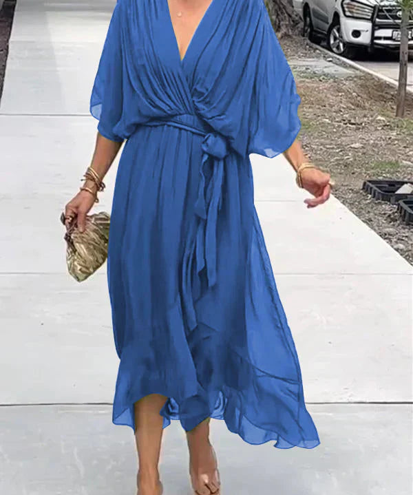 Aurora – Rochie Midi Damă din Chiffon, Stil Înfașurat, Vară