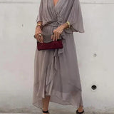 Aurora – Rochie Midi Damă din Chiffon, Stil Înfașurat, Vară