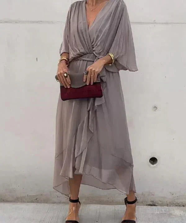 Aurora – Rochie Midi Damă din Chiffon, Stil Înfașurat, Vară