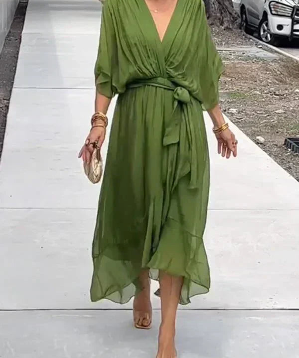 Aurora – Rochie Midi Damă din Chiffon, Stil Înfașurat, Vară