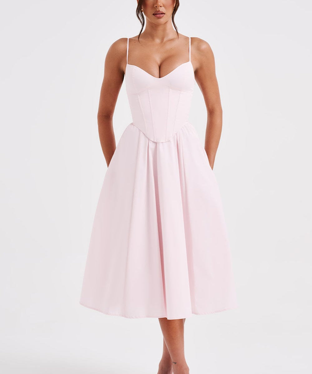 Grace – Rochie Midi Corset Elegantă Roz Blush