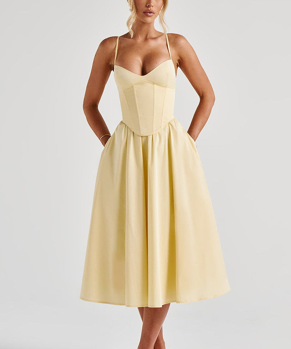 Grace – Rochie Midi Corset Elegantă Roz Blush