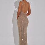 Sariel – Rochie Maxi Strălucitoare Bodycon cu Decolteu Pătrat