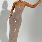 Sariel – Rochie Maxi Strălucitoare Bodycon cu Decolteu Pătrat