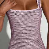 Sariel – Rochie Maxi Strălucitoare Bodycon cu Decolteu Pătrat