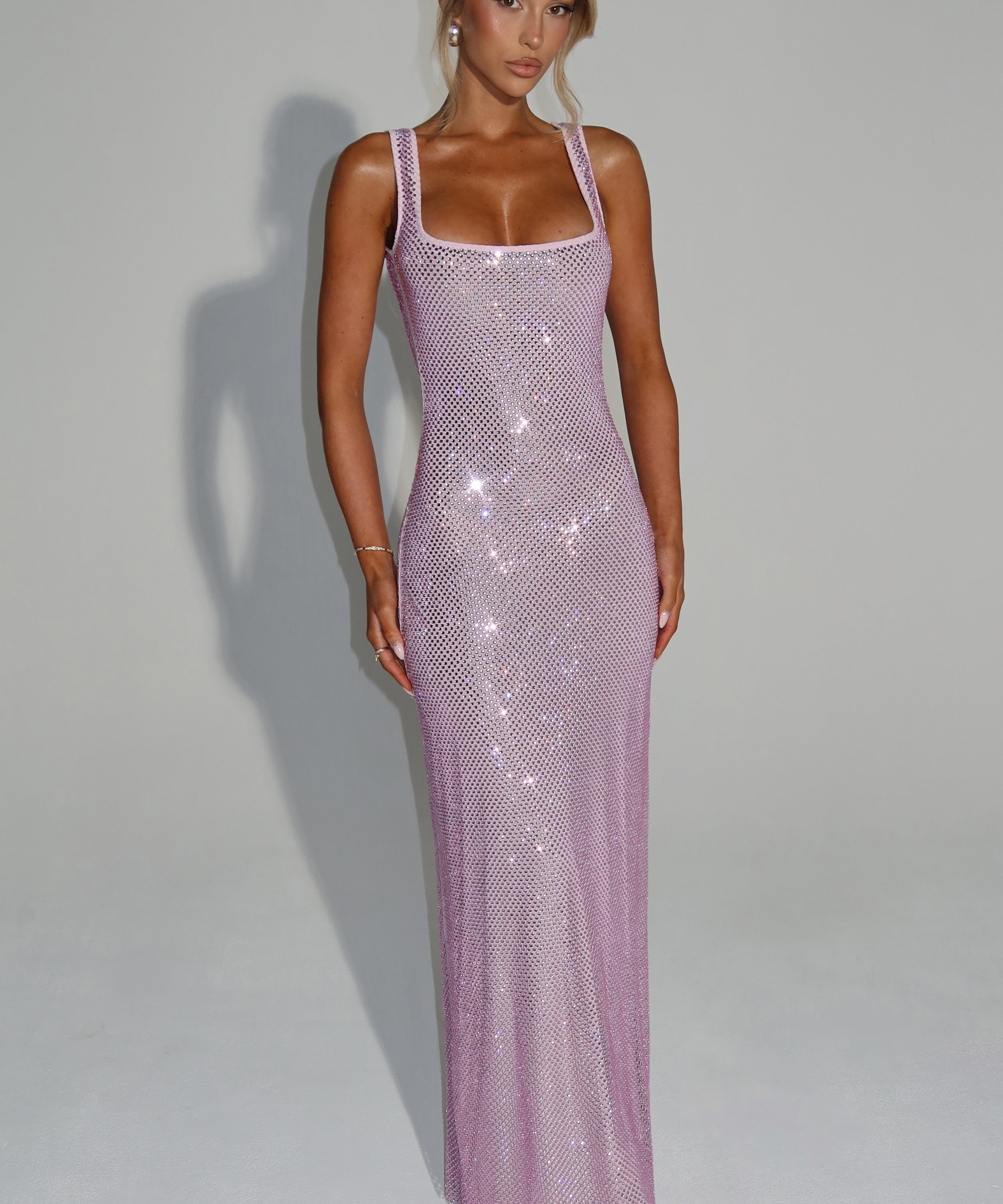 Sariel – Rochie Maxi Strălucitoare Bodycon cu Decolteu Pătrat