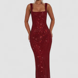 Sariel – Rochie Maxi Strălucitoare Bodycon cu Decolteu Pătrat