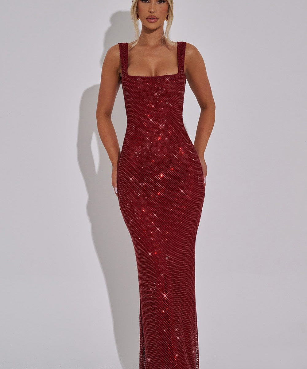 Sariel – Rochie Maxi Strălucitoare Bodycon cu Decolteu Pătrat