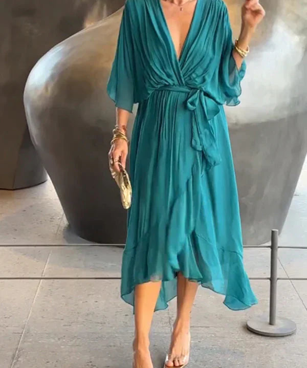 Aurora – Rochie Midi Damă din Chiffon, Stil Înfașurat, Vară