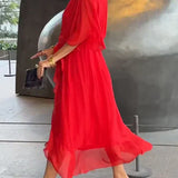 Aurora – Rochie Midi Damă din Chiffon, Stil Înfașurat, Vară