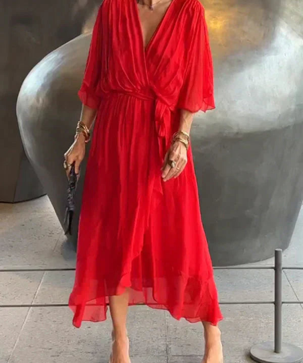 Aurora – Rochie Midi Damă din Chiffon, Stil Înfașurat, Vară