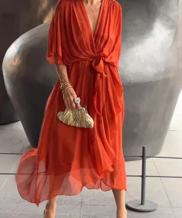 Aurora – Rochie Midi Damă din Chiffon, Stil Înfașurat, Vară