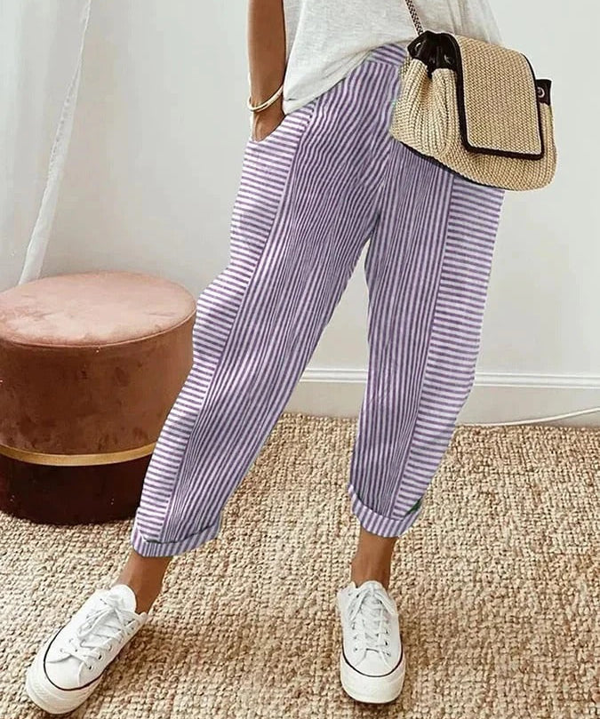 Celia | Pantaloni din Bumbac Rayat Clasic