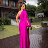 Araceli – Rochie Satinată Asimetrică cu Nod și Umăr Descoperit